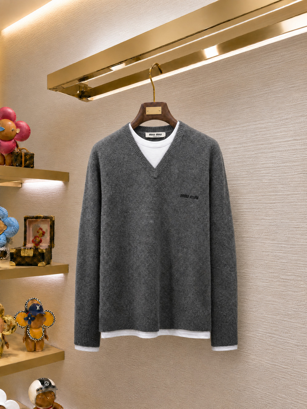 Miu Miu Grey V-Neck Knit Sweater Embroidered Logo Long Sleeve Pullover